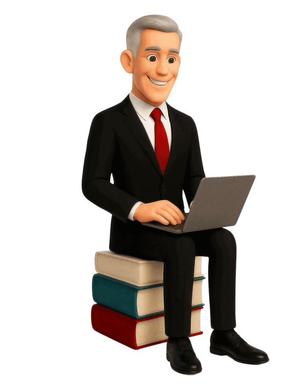 Grafik: Ein Geschäftsmann in Anzug sitzt auf einem Stapel Bücher und arbeitet an einem Laptop. 3D-Illustration.