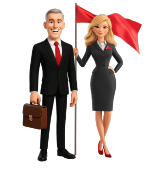 Grafik: Blonde Geschäftsfrau in schwarzem Kostüm und roten Pumps, die selbstbewusst eine rote Aktentasche in der Hand hält.