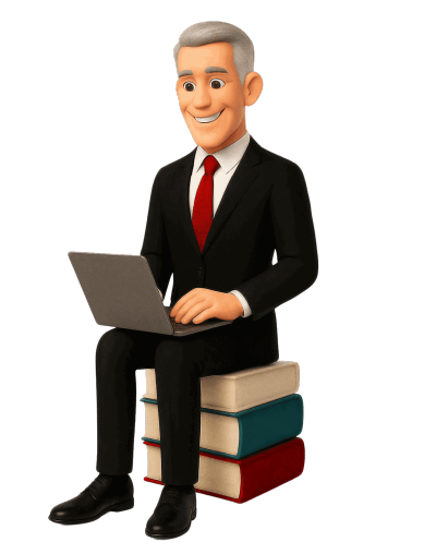 Grafik: Ein Geschäftsmann in Anzug sitzt auf einem Stapel Bücher und arbeitet an einem Laptop. 3D-Illustration.