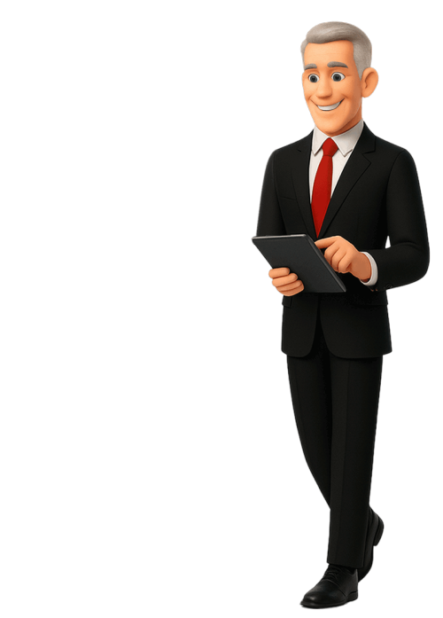 Grafik: Lächelnder Geschäftsmann in schwarzem Anzug und roter Krawatte, der ein Tablet in der Hand hält und darauf tippt.
