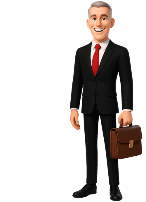 Grafik: Lächelnder Geschäftsmann in schwarzem Anzug und roter Krawatte, der eine braune Aktentasche in der Hand hält.