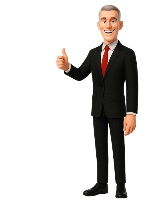 Grafik: Lächelnder Geschäftsmann in schwarzem Anzug und roter Krawatte, der mit dem Daumen nach oben zeigt