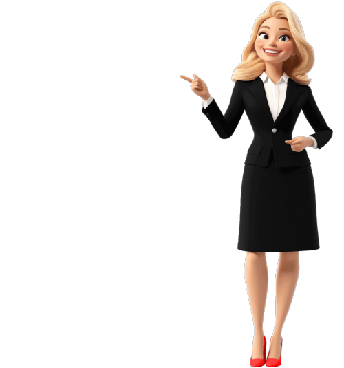 Grafik: Blonde Geschäftsfrau in schwarzem Kostüm und roten Pumps, die lächelnd mit ausgestrecktem Zeigefinger nach links zeigt