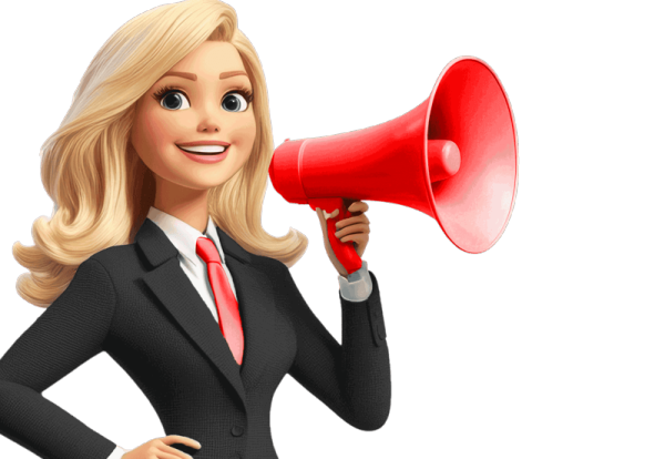 Grafik: Fröhliche blonde Geschäftsfrau im schwarzen Anzug mit roter Krawatte, die ein rotes Megafon in der Hand hält