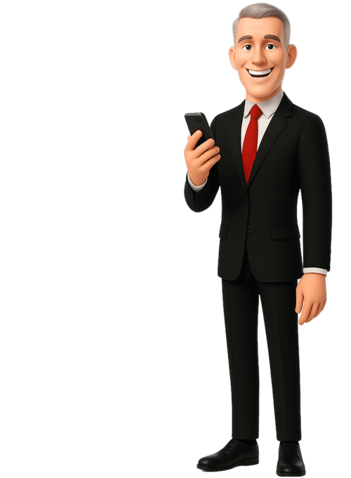 Grafik: Lächelnder Geschäftsmann in schwarzem Anzug und roter Krawatte, der ein Smartphone in der Hand hält