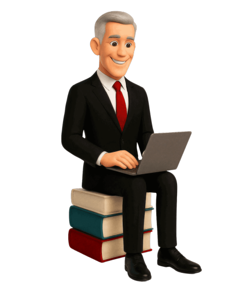 Grafik: Ein Geschäftsmann in Anzug sitzt auf einem Stapel Bücher und arbeitet an einem Laptop. 3D-Illustration.